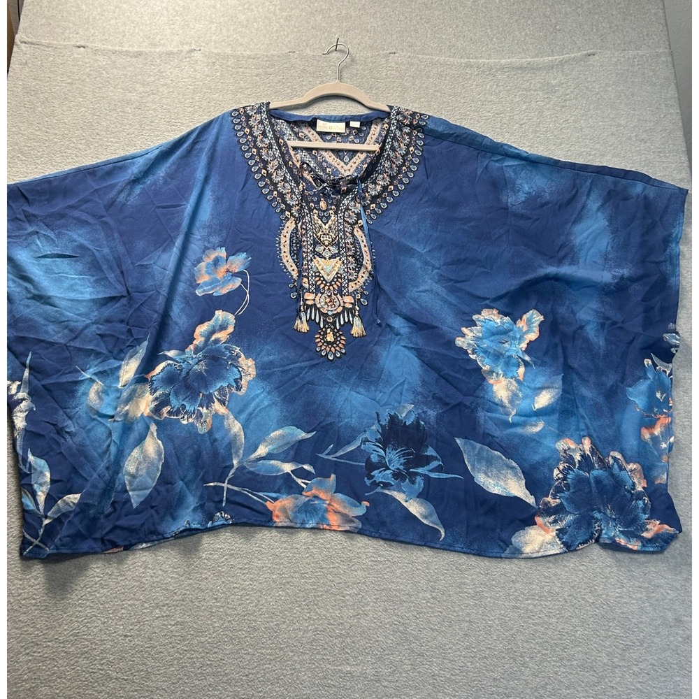 Belle by Kim Gravel Caftan Poncho Top‎ Womens 2X Blue Floral Embellished  Plus